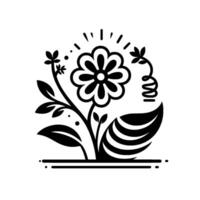 A bold, stylized floral illustration in black and white, featuring a centered daisy, leaves, delicate tendrils, and radiating highlights, evoking a sense of elegant simplicity. vector