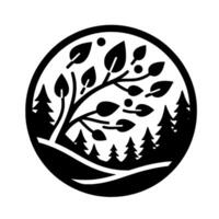 Circular Black and White Stylized Silhouette of a Tree with Leaves, Pine Trees, and Dots, within a Circular Frame. vector