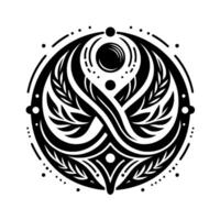 Symmetrical Black and White Circular Ornament with Foliage, Dots, and Symbolic Geometric Elements, against a white background. vector