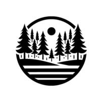 A minimalist, circular black and white illustration of a serene forest scene, featuring pine trees, a sun, and a layered landscape . vector
