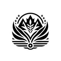 Elegant symmetrical black and white emblem showcasing stylized mountains, leaves, and decorative elements, evoking natures grandeur and refined . vector