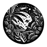 Black and white circular illustration of a tropical landscape merged with outer space elements, featuring lush foliage, a planet, stars, and a palm tree silhouette. vector