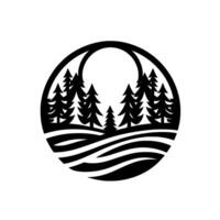 A circular, minimalist black and white featuring stylized pine trees, water, and a white moon, set within a simple geometric frame. vector