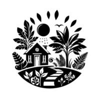 A circular black and white illustration featuring a house nestled amidst lush foliage, a sunny sky, and a garden path, creating a serene and idyllic rural scene. vector