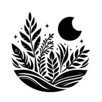 Minimalist Black and White Illustration Crescent Moon and Stars Over a Silhouette of Lush Foliage, Creating a Tranquil and Natural Scene. vector