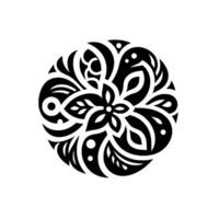 Intricate Black and White Floral Mandala A Symmetrical Composition of Leaves, Petals, and Dots, Forming a Circular . vector