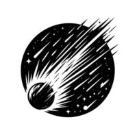 Celestial Explosion A stylized illustration of a comet streaking through a starry night, with a stylized planet as the focal point in a monochrome setting. vector