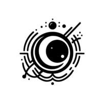Celestial Eye A minimalist black and white emblem featuring a crescent moon within a pupil, adorned with geometric elements and cosmic accents. vector