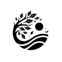 A stylized black and white illustration depicts a tree with falling leaves within a circular landscape featuring the sun, the moon, and rolling hills. vector