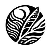 Intricate Black and White Circular Featuring Stylized Leafy Elements and a Crescent Shape on White Background. vector