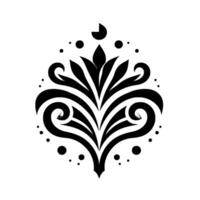 Elegant symmetrical black and white floral with stylized leaves, curls, dots, and crescent moon element on white background. vector