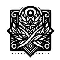 Intricate Black and White Floral Emblem Geometric , Detailed Leaf Motif, and Symmetric Composition. vector