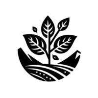 Stylized black and white of a growing plant emerging from a stylized field, representing growth, nature, and sustainability. vector