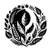 A symmetrical, black and white floral featuring stylized leaves, berries, and a central splitcircle silhouette, evoking harmony. vector