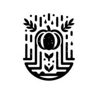 Stylized black and white illustration of a pumpkin within a rectangular frame, featuring foliage, rainlike lines, and ornamental elements. vector