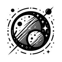 A minimalist monochrome cosmic emblem featuring planets, stars, celestial orbits, and a stylized sun, embodying an ethereal and modern aesthetic. vector