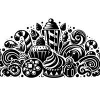 A stylized black and white illustration showcases an assortment of sweets and treats, including cupcakes, candy canes, swirls, and lollipops, arranged in a semicircular composition against a clean wh vector