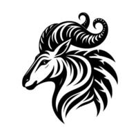 A stylized black and white illustration of a rams head in profile, featuring intricate striped textures and curled horns, set against a stark white backdrop. vector
