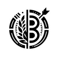 Minimalist emblem featuring a circular frame, stylized B with wheat, an arrow, and geometric details, monochromatic style. vector