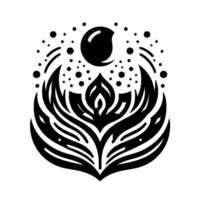 Intricate black and white floral and lunar . A stylized flower beneath a crescent moon, embellished with dots and lines, a minimalist, celestial composition. vector