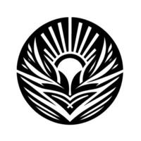 A symmetrical black and white illustration of a stylized sun with radiating beams and leaflike patterns, contained within a circular frame against a plain white background. vector