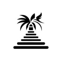 Stylized black and white illustration of a pyramid structure topped with stylized palm leaves, evoking tropical vibes. vector