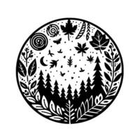 Circular black and white illustration of a forest scene with stylized trees, leaves, moon, sun, butterflies, and celestial elements, suggesting a peaceful and natural . vector