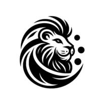 A stylized, monochromatic lion head , featuring a detailed mane and a crescentshaped border, with three adjacent circles. vector