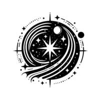 A celestial illustration featuring a central eightpointed star enclosed within a swirling cosmic nebula, adorned with stars, planets, and punctuated with directional marks. vector