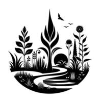 A monochrome, stylized illustration depicts a tranquil scene of nature within a circle. Featuring plants, birds, flowing water, and a setting sun. vector