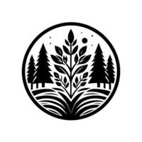 A circular emblem, stylized in bold black and white, depicting a central plant flanked by coniferous trees, a sunmoon, and stars, evoking nature and serenity. vector