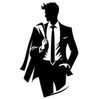 Elegant Black and White Silhouette of a Dapper Man in a Suit, Blazer Drapped, Confident Pose, Artistic Representation of Sophistication and Style. vector