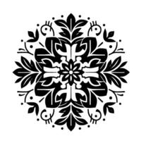 A symmetrical, black and white botanical mandala, meticulously crafted with stylized floral elements, radiating from a central point against a clean white backdrop. vector