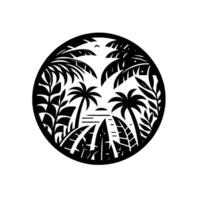 Black and White Circular Silhouette Tropical Paradise with Palm Trees, Sunset and Lush Foliage Inside a Circle, Serene and Minimalist . vector