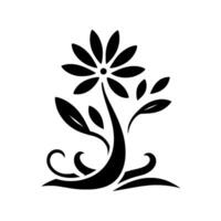 Monochromatic floral featuring a stylized flower with multiple petals, curved stem, and foliage against a pristine white backdrop, showcasing elegant simplicity. vector