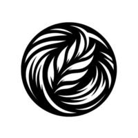 A stylized black and white circular featuring swirling leaflike elements arranged around a central cluster against a crisp white background. vector