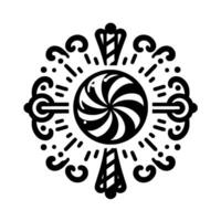 A symmetrical black and white featuring a swirl lollipop at the center, surrounded by decorative, swirling elements and radiating strokes. vector
