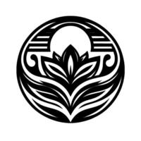 A circular black and white of an ornate lotus flower within a decorative frame, suggesting balance and harmony. vector