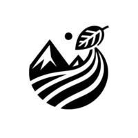 A minimalist black and white natureinspired featuring stylized mountains, a leaf, a streamlike pattern, and a celestial orb, all within a circular form. vector