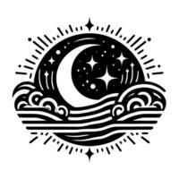 Stylized Black and White Celestial Illustration Crescent Moon and Stars Surrounded by Clouds and Energetic Lines. vector