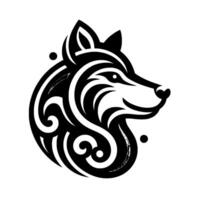 A stylized, minimalist of a wolfs head in profile, rendered in black and white with intricate, swirling patterns and subtle gradient shading, against a clean white background. vector