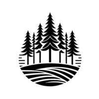 A monochrome forest scene , showcasing a group of tall evergreen trees atop layered, stylized hills enclosed within a circular frame. vector