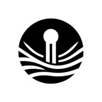 A minimalist featuring a stylized lighthouse within a black circle with lines depicting water, set against a stark white background. vector
