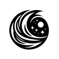 A stylized black and white depicting a celestial scene within a swirling, wavelike form, featuring stars and a moon. vector