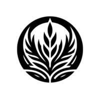 A symmetrical, stylized black and white featuring a plantlike form contained within a circular frame against a white background, embodying balance and natures elegance. vector