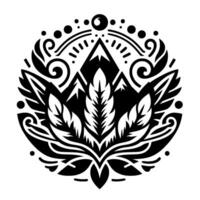 Intricate black and white circular illustration featuring a mountain range, central leaf , and surrounding floral and geometric elements, evoking nature and balance. vector