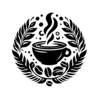 A stylized black and white coffee , featuring a steaming cup encircled by leaves, coffee beans, and delicate decorative elements, exuding warmth and freshness. vector