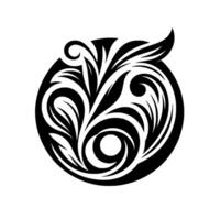 Intricate black and white floral encapsulated within a circular frame, exhibiting detailed leaf patterns, spirals, and elegant curved lines on a clean white background. vector