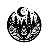 A stylized black and white circular illustration depicting a moonlit forest scene featuring trees, foliage, stars, and a crescent moon, evoking a sense of tranquility. vector