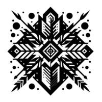 Intricate symmetrical monochrome geometric art piece featuring arrows, featherlike shapes, and dot elements, embodying tribal aesthetics. vector